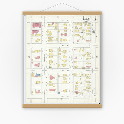 Old map wall art mockup — magnetic wood frame on white wall — Sanborn Fire Insurance Map from Monroe, Monroe County, Michigan (1916), Sheet #0017