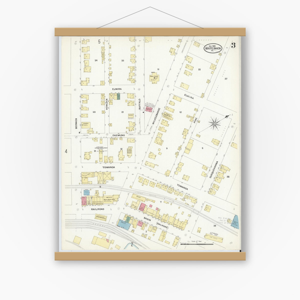 Old map wall art mockup — magnetic wood frame on white wall — Sanborn Fire Insurance Map from White Haven, Luzerne County, Pennsylvania (1908), Sheet #0003