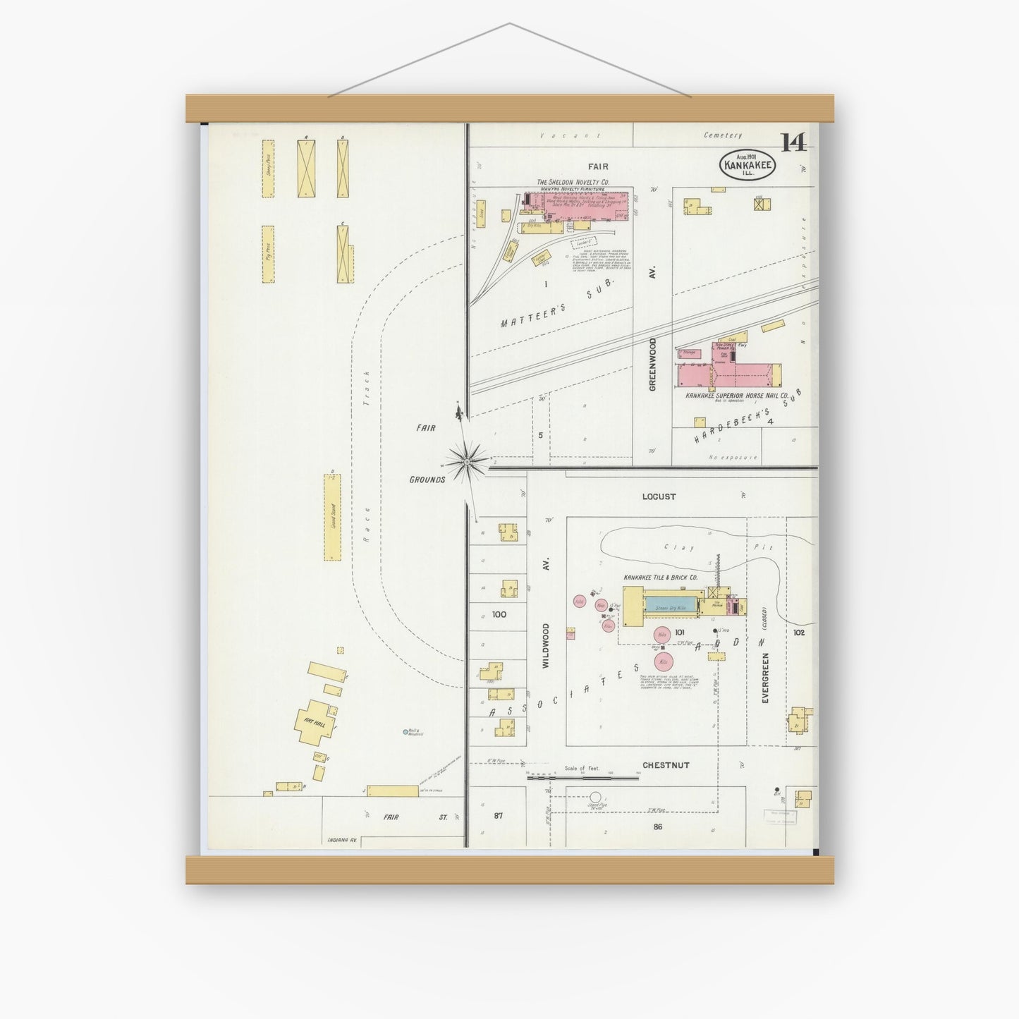 Old map wall art mockup — magnetic wood frame on white wall — Sanborn Fire Insurance Map from Kankakee, Kankakee County, Illinois (1901), Sheet #0014