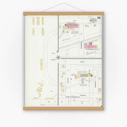 Old map wall art mockup — magnetic wood frame on white wall — Sanborn Fire Insurance Map from Kankakee, Kankakee County, Illinois (1901), Sheet #0014