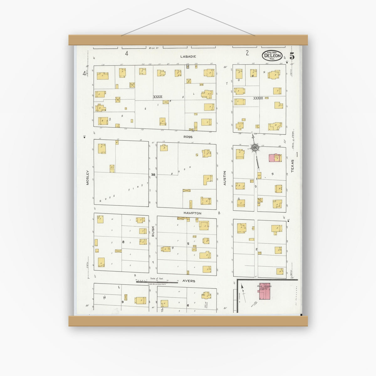 Old map wall art mockup — magnetic wood frame on white wall — Sanborn Fire Insurance Map from De Leon, Comanche County, Texas (1920), Sheet #0005