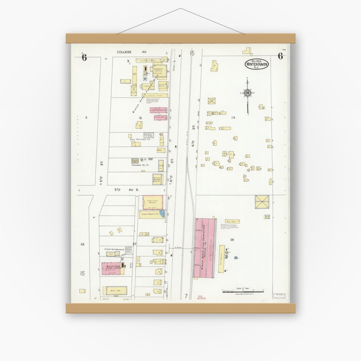 Old map wall art mockup — magnetic wood frame on white wall — Sanborn Fire Insurance Map from Winter Haven, Polk County, Florida (1924), Sheet #0006