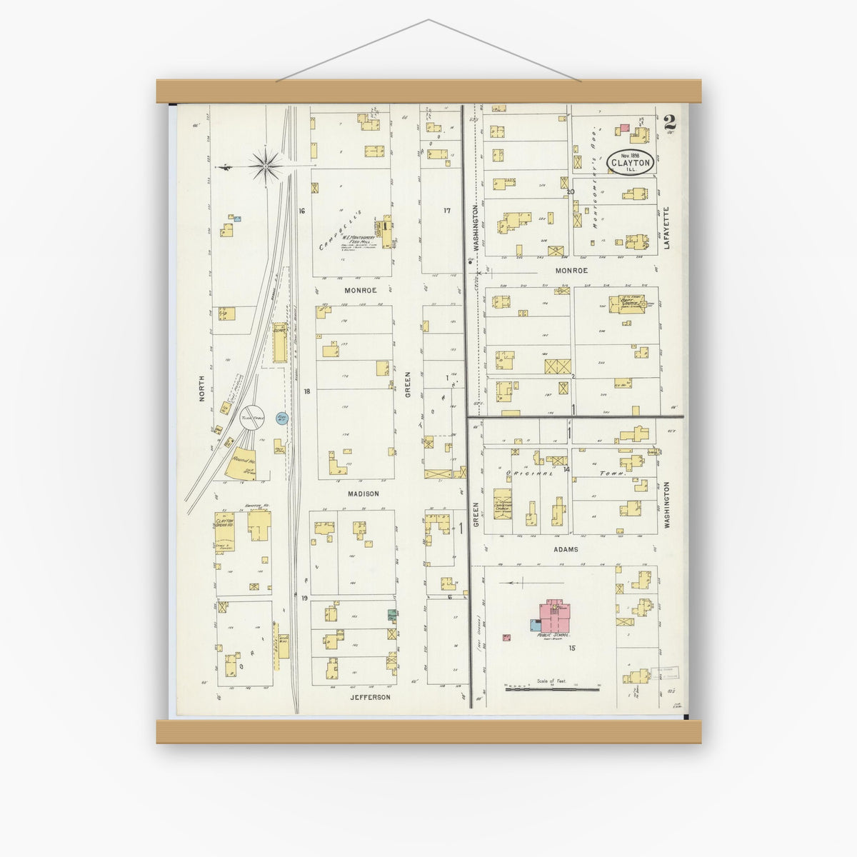 Old map wall art mockup — magnetic wood frame on white wall — Sanborn Fire Insurance Map from Clayton, Adams County, Illinois (1898), Sheet #0002