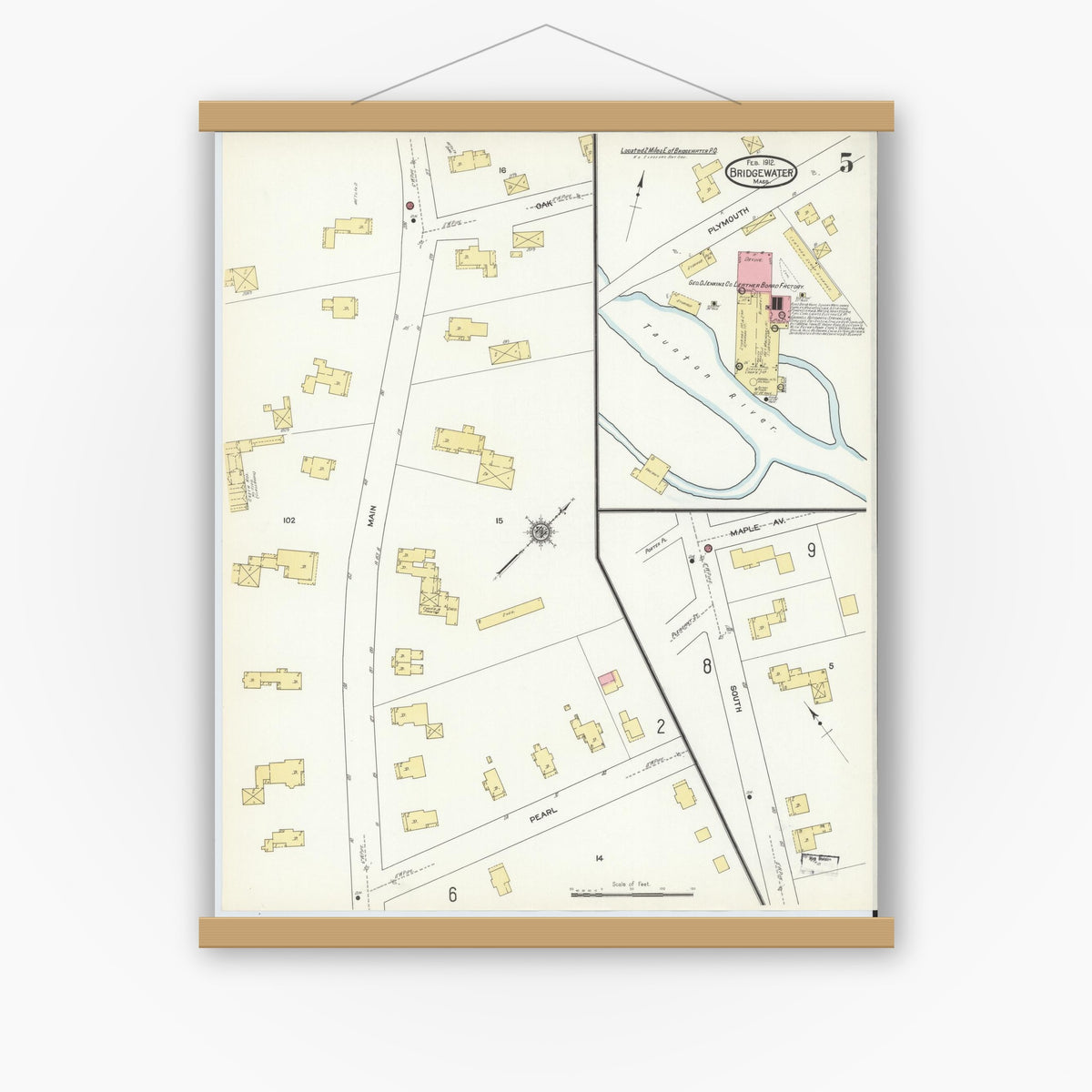 Old map wall art mockup — magnetic wood frame on white wall — Sanborn Fire Insurance Map from Bridgewater, Plymouth County, Massachusetts (1912), Sheet #0005