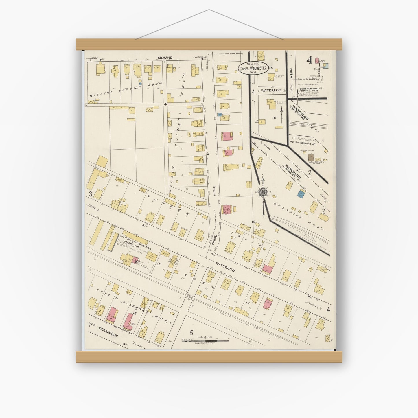 Old map wall art mockup — magnetic wood frame on white wall — Sanborn Fire Insurance Map from Canal Winchester, Franklin County, Ohio (1922), Sheet #0004