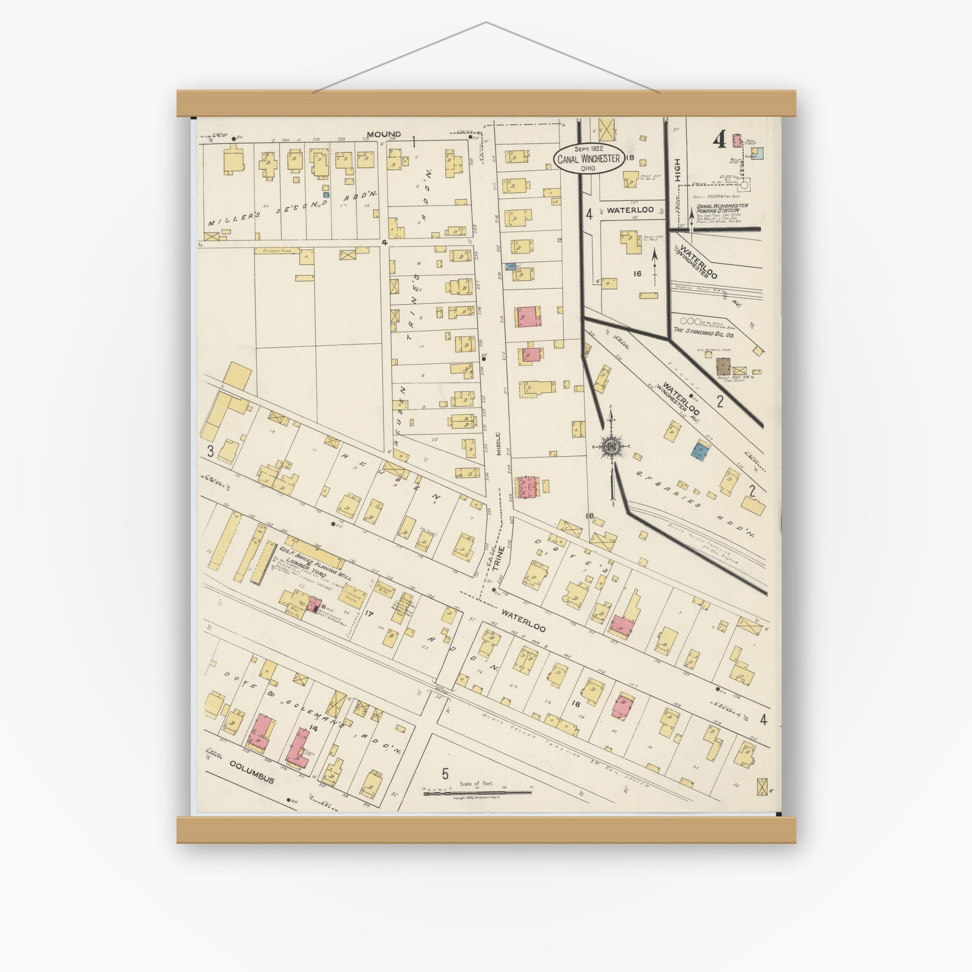 Old map wall art mockup — magnetic wood frame on white wall — Sanborn Fire Insurance Map from Canal Winchester, Franklin County, Ohio (1922), Sheet #0004