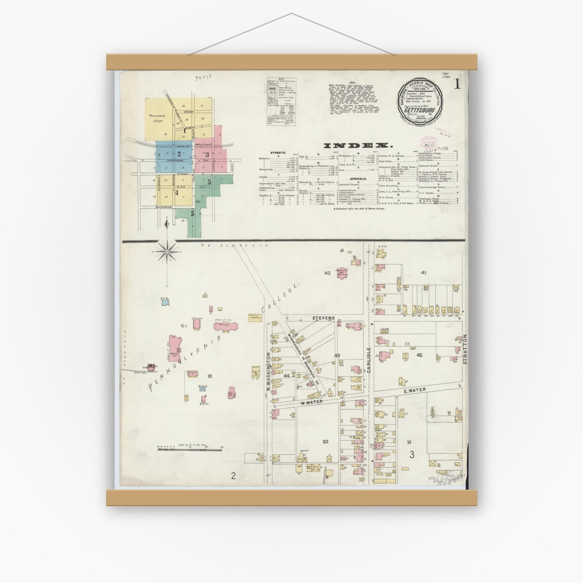 Old map wall art mockup — magnetic wood frame on white wall — Sanborn Fire Insurance Map from Gettysburg, Adams County, Pennsylvania (1896) - Complete Map Set