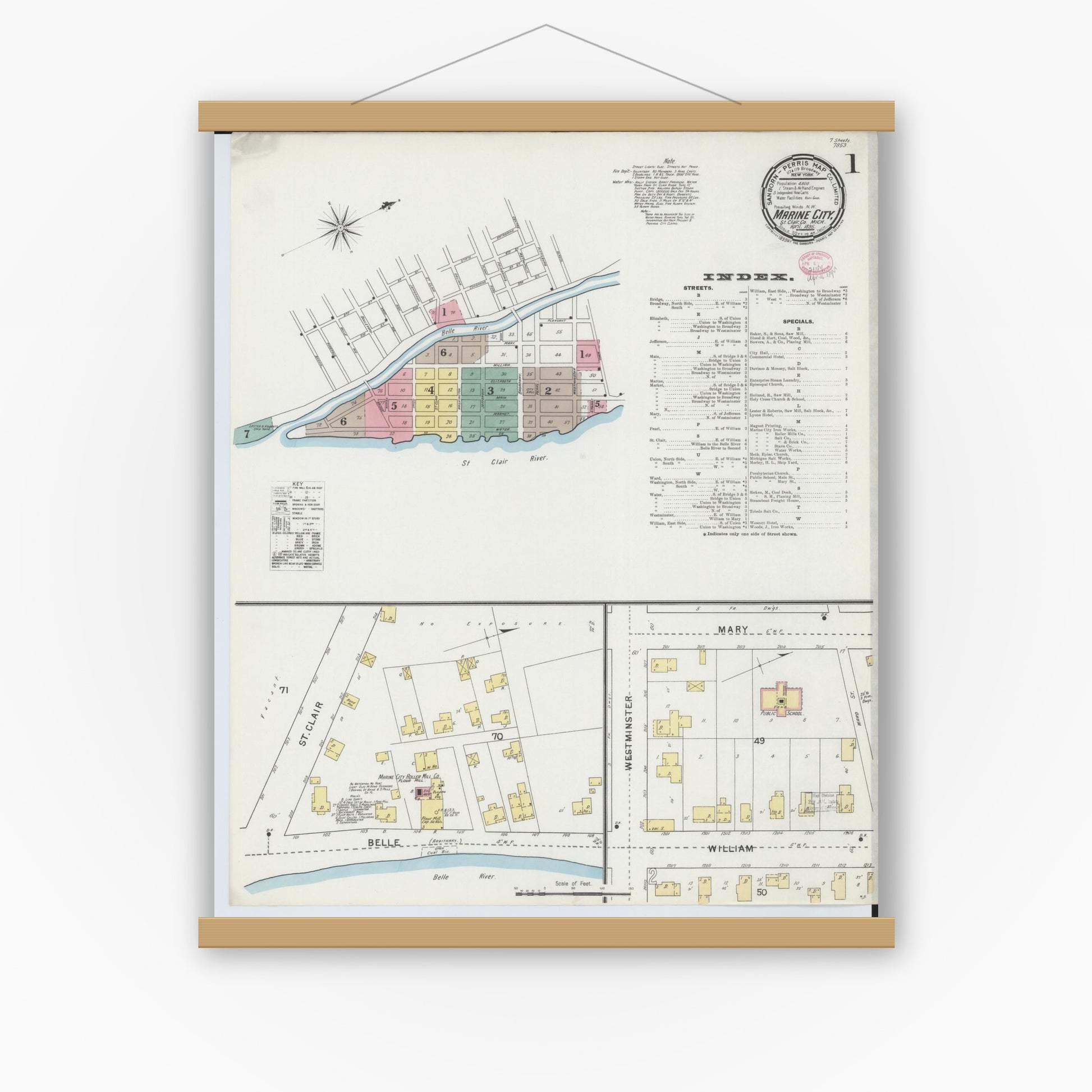 Old map wall art mockup — magnetic wood frame on white wall — Sanborn Fire Insurance Map from Marine City, Saint Clair County, Michigan (1895) - Complete Map Set