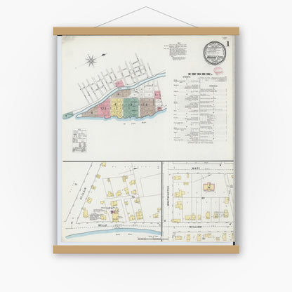 Old map wall art mockup — magnetic wood frame on white wall — Sanborn Fire Insurance Map from Marine City, Saint Clair County, Michigan (1895) - Complete Map Set