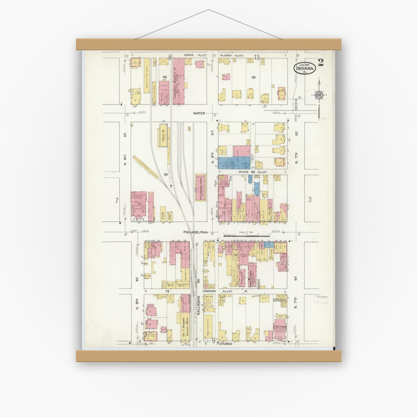 Old map wall art mockup — magnetic wood frame on white wall — Sanborn Fire Insurance Map from Indiana, Indiana County, Pennsylvania (1916), Sheet #0002