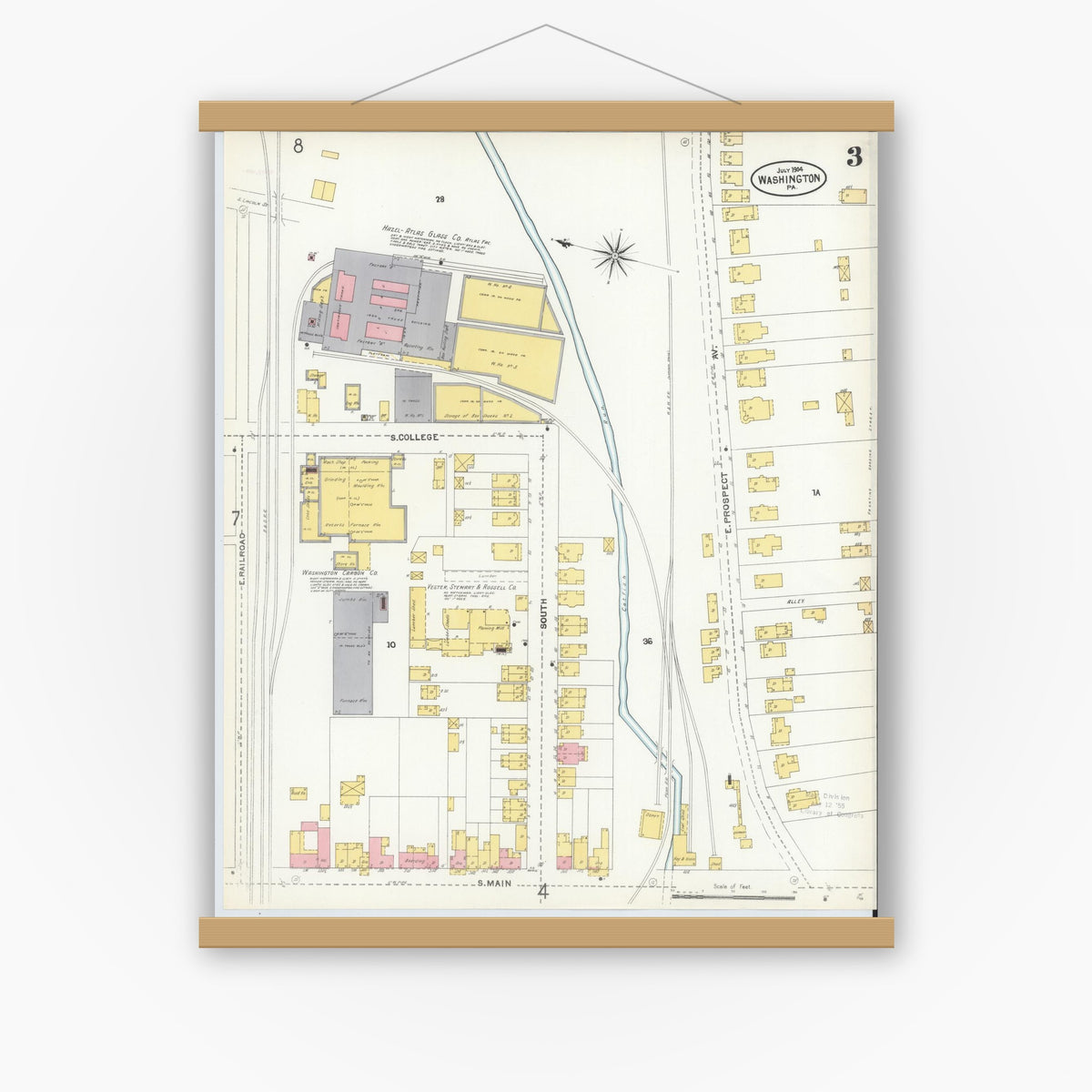 Old map wall art mockup — magnetic wood frame on white wall — Sanborn Fire Insurance Map from Washington, Washington County, Pennsylvania (1904), Sheet #0003