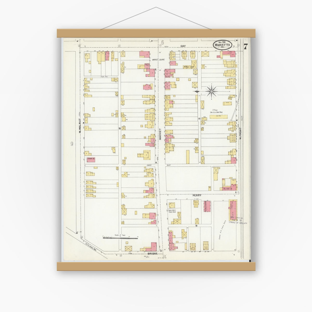 Old map wall art mockup — magnetic wood frame on white wall — Sanborn Fire Insurance Map from Marietta, Lancaster County, Pennsylvania (1904), Sheet #0007