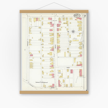 Old map wall art mockup — magnetic wood frame on white wall — Sanborn Fire Insurance Map from Marietta, Lancaster County, Pennsylvania (1904), Sheet #0007