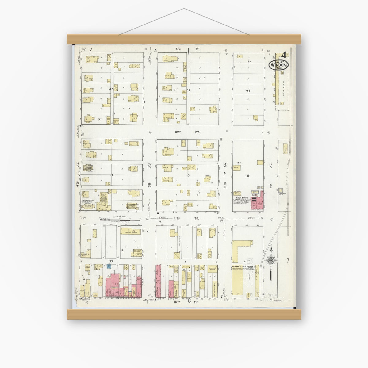 Old map wall art mockup — magnetic wood frame on white wall — Sanborn Fire Insurance Map from Windom, Cottonwood County, Minnesota (1917), Sheet #0004