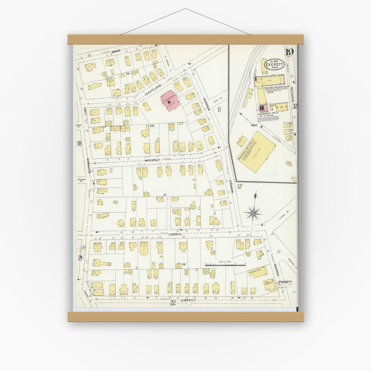 Old map wall art mockup — magnetic wood frame on white wall — Sanborn Fire Insurance Map from Everett, Middlesex County, Massachusetts (1903), Sheet #0019