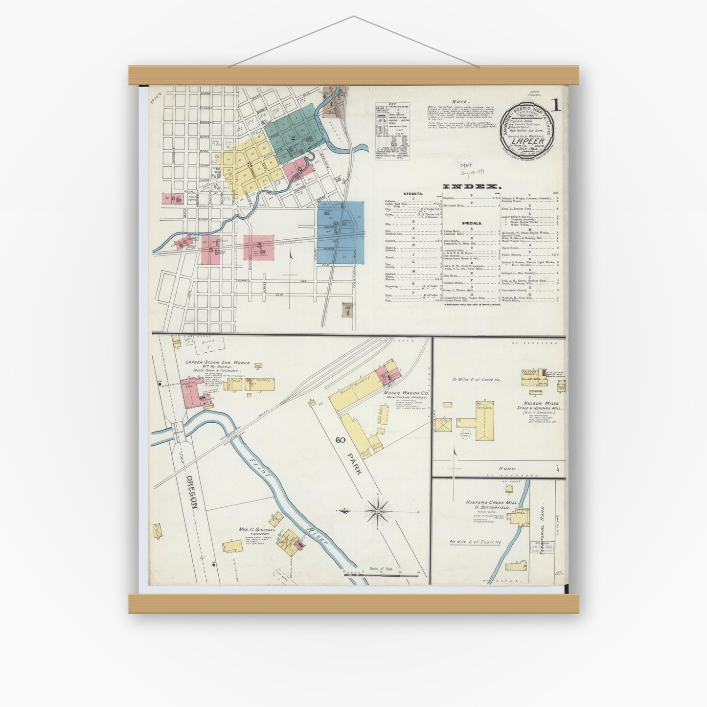 Old map wall art mockup — magnetic wood frame on white wall — Sanborn Fire Insurance Map from Lapeer, Lapeer County, Michigan (1893) - Complete Map Set