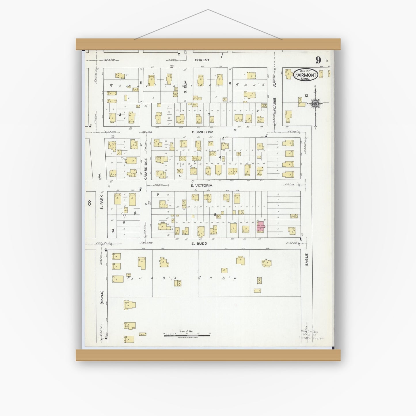 Old map wall art mockup — magnetic wood frame on white wall — Sanborn Fire Insurance Map from Fairmont, Martin County, Minnesota (1917), Sheet #0009