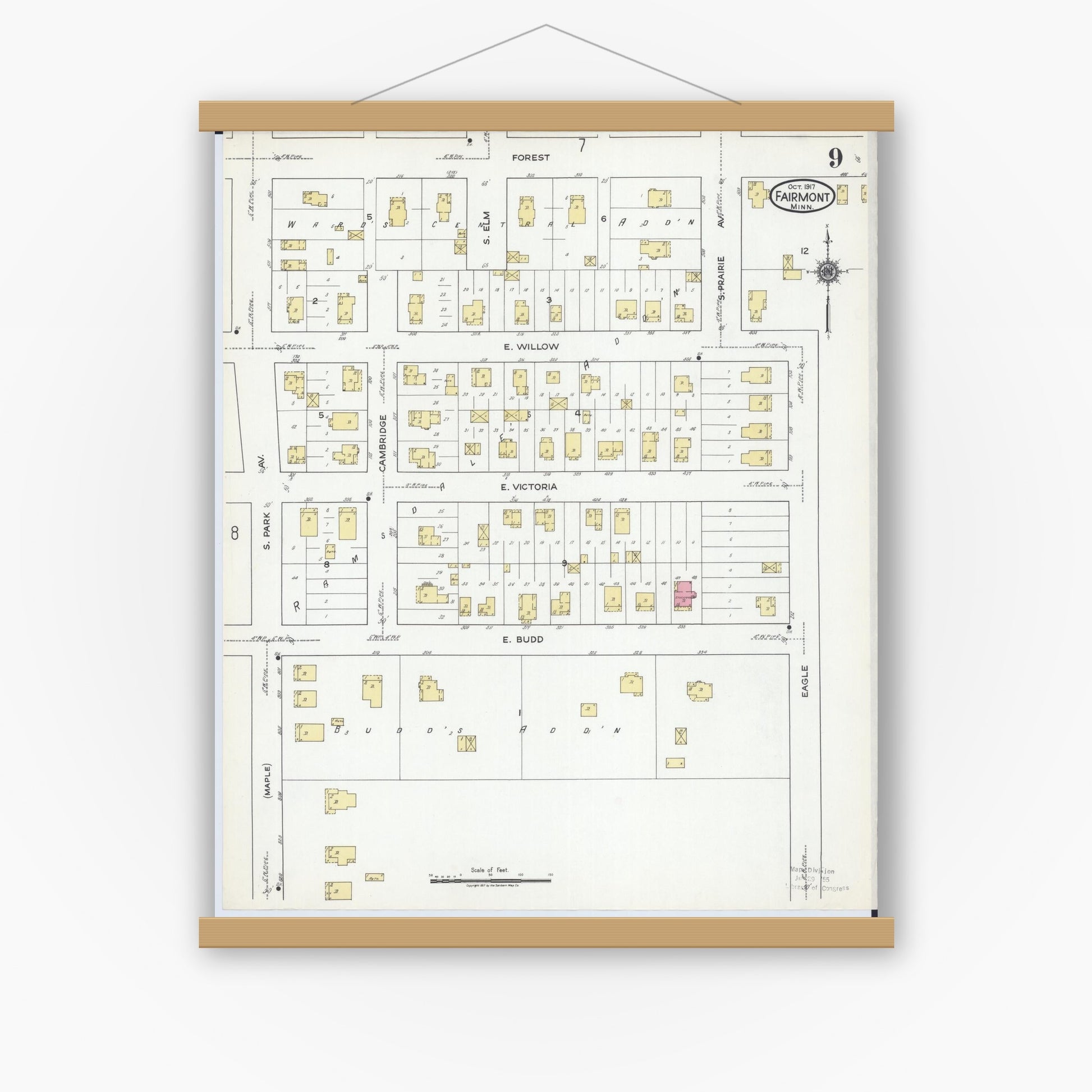 Old map wall art mockup — magnetic wood frame on white wall — Sanborn Fire Insurance Map from Fairmont, Martin County, Minnesota (1917), Sheet #0009