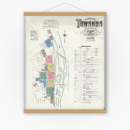 Old map wall art mockup — magnetic wood frame on white wall — Sanborn Fire Insurance Map from Towanda, Bradford County, Pennsylvania (1911) - Complete Map Set