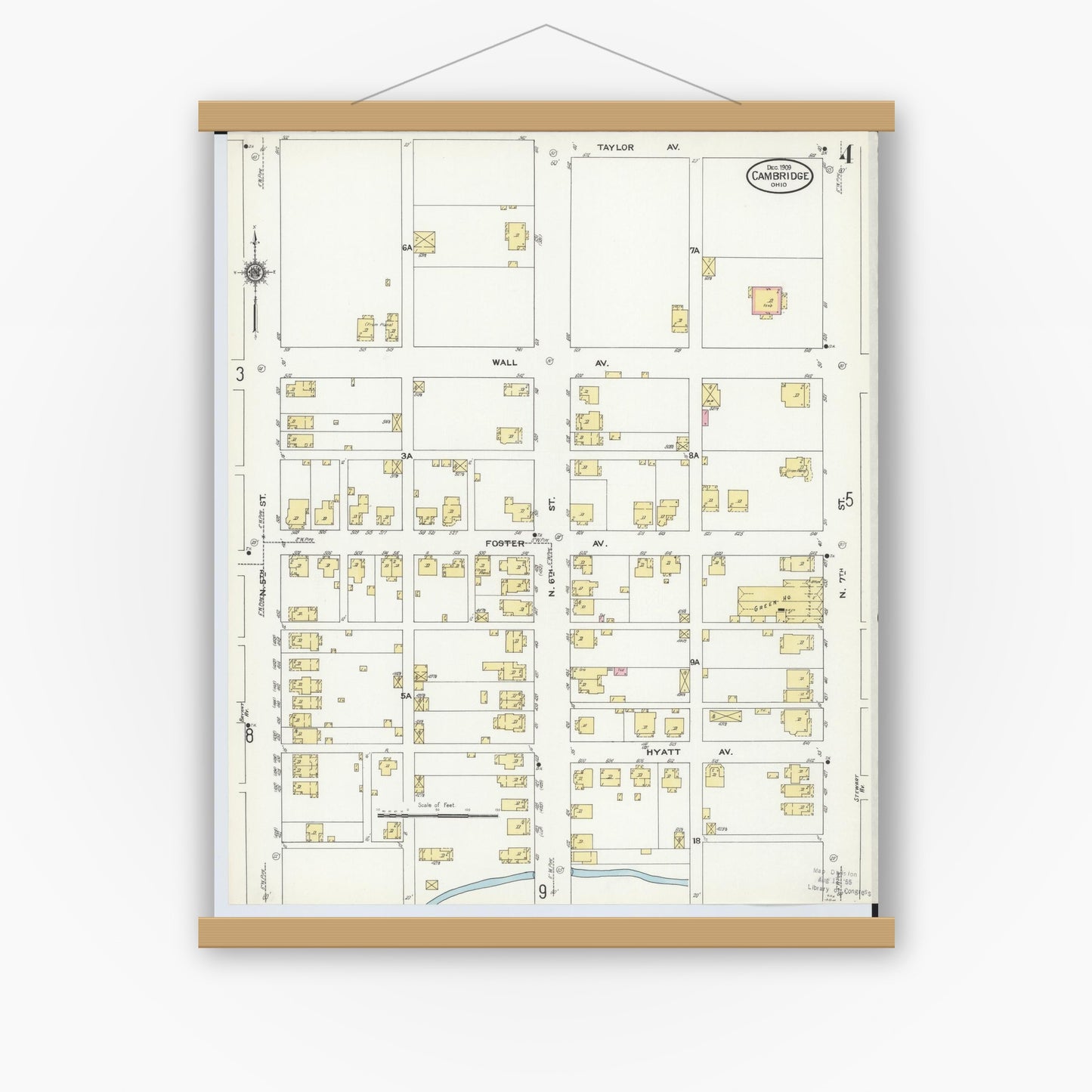 Old map wall art mockup — magnetic wood frame on white wall — Sanborn Fire Insurance Map from Cambridge, Guernsey County, Ohio (1909), Sheet #0004