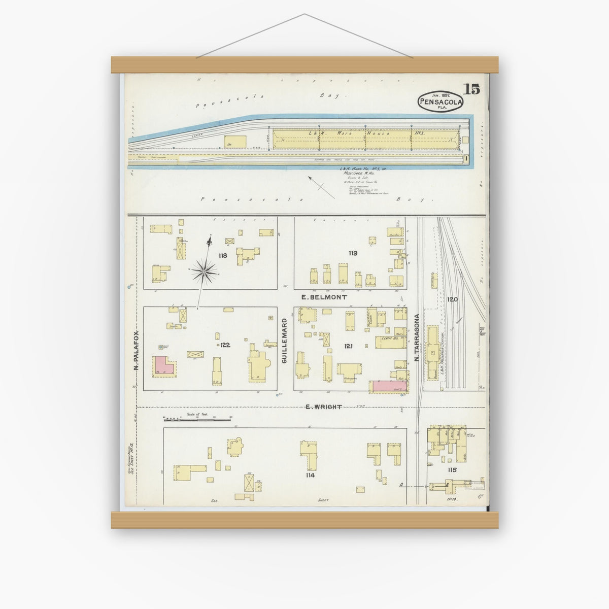 Old map wall art mockup — magnetic wood frame on white wall — Sanborn Fire Insurance Map from Pensacola, Escambia County, Florida (1892), Sheet #0015