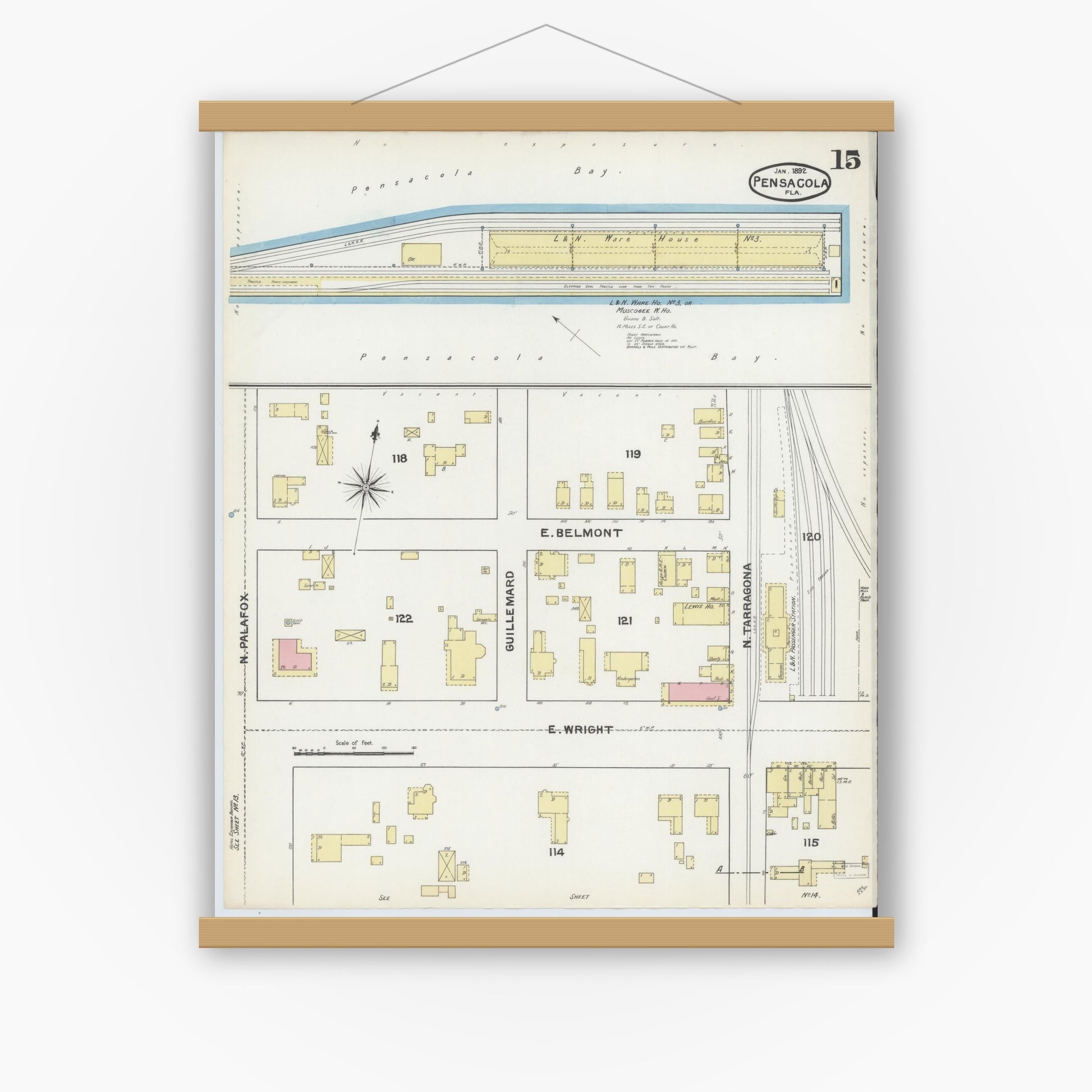 Old map wall art mockup — magnetic wood frame on white wall — Sanborn Fire Insurance Map from Pensacola, Escambia County, Florida (1892), Sheet #0015