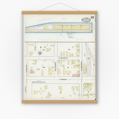 Old map wall art mockup — magnetic wood frame on white wall — Sanborn Fire Insurance Map from Pensacola, Escambia County, Florida (1892), Sheet #0015