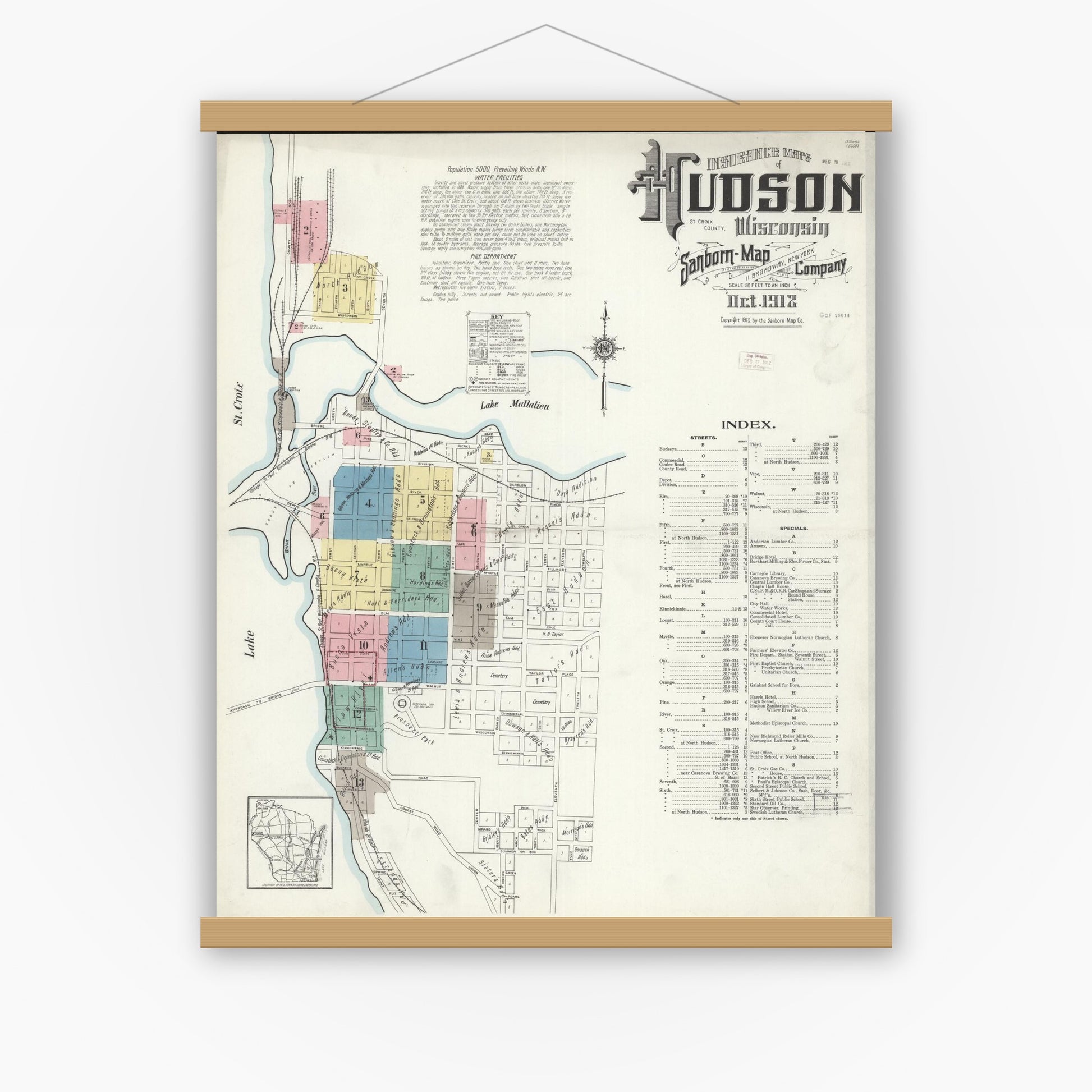 Old map wall art mockup — magnetic wood frame on white wall — Sanborn Fire Insurance Map from Hudson, St. Croix County, Wisconsin (1912) - Complete Map Set