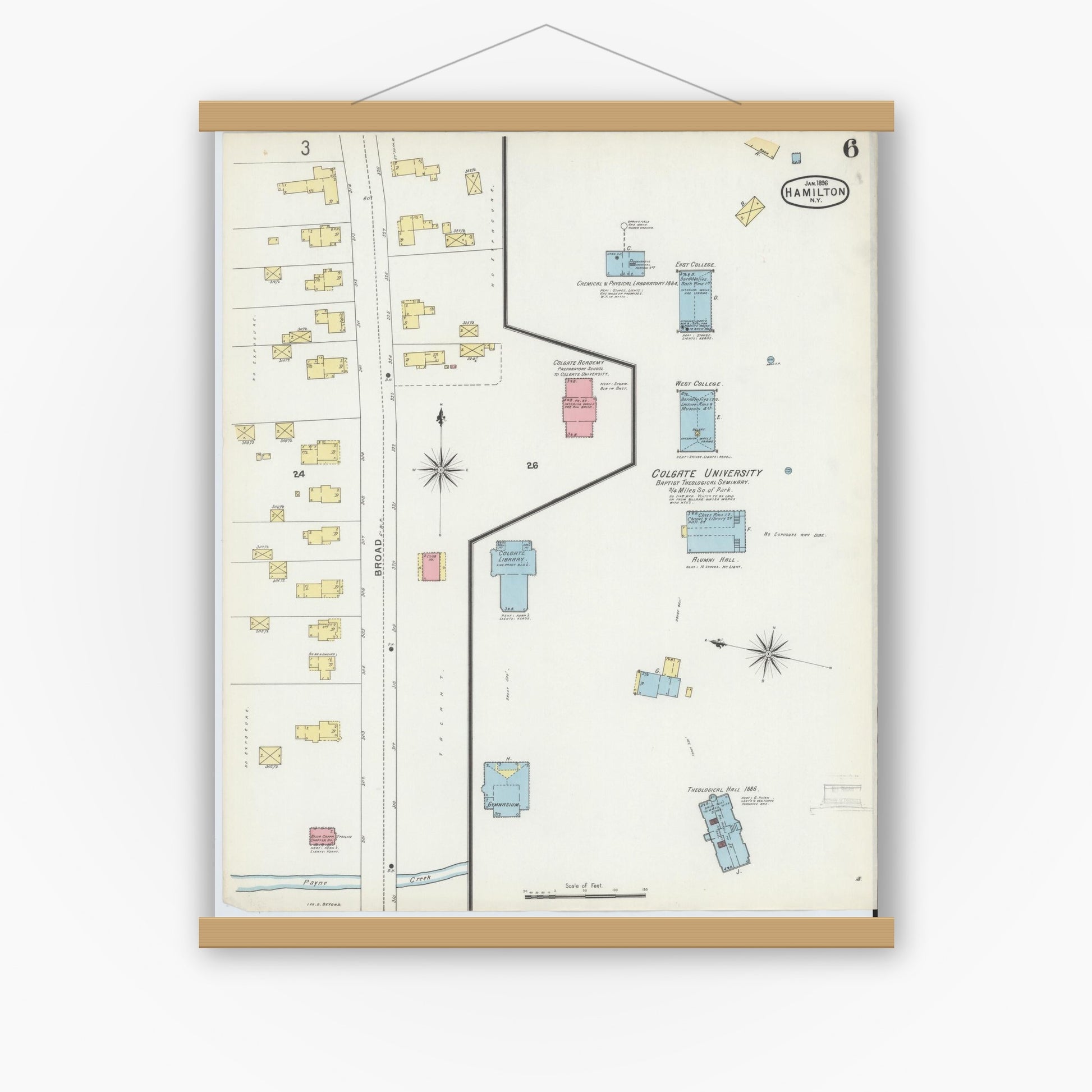 Old map wall art mockup — magnetic wood frame on white wall — Sanborn Fire Insurance Map from Hamilton, Madison County, New York (1896), Sheet #0006