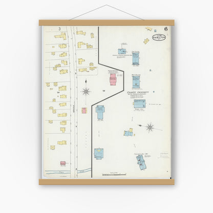 Old map wall art mockup — magnetic wood frame on white wall — Sanborn Fire Insurance Map from Hamilton, Madison County, New York (1896), Sheet #0006