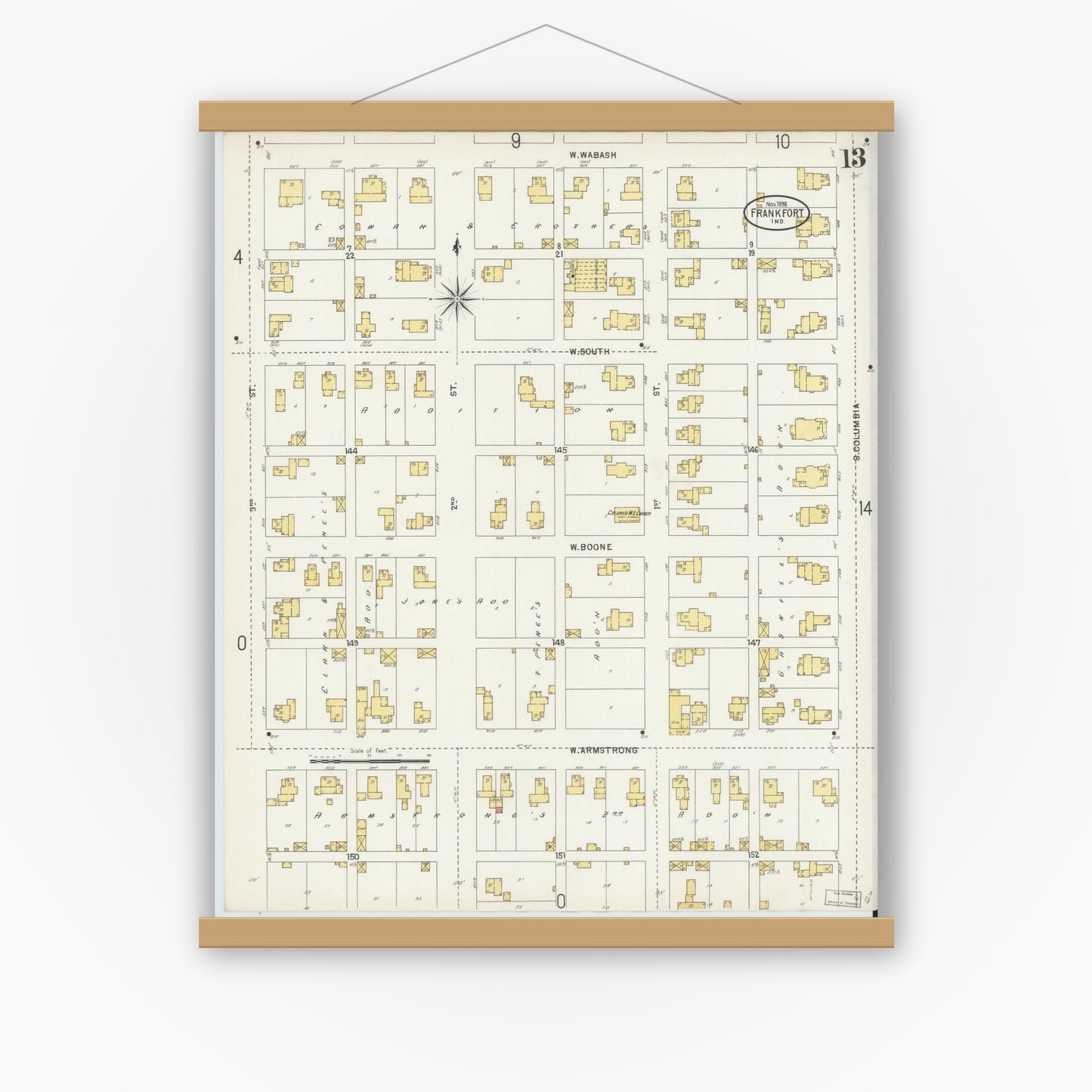 Old map wall art mockup — magnetic wood frame on white wall — Sanborn Fire Insurance Map from Frankfort, Clinton County, Indiana (1898), Sheet #0013