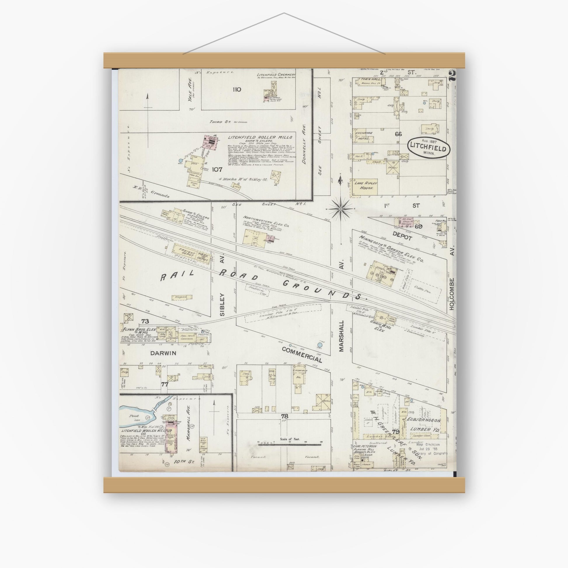 Old map wall art mockup — magnetic wood frame on white wall — Sanborn Fire Insurance Map from Litchfield, Meeker County, Minnesota (1887), Sheet #0002