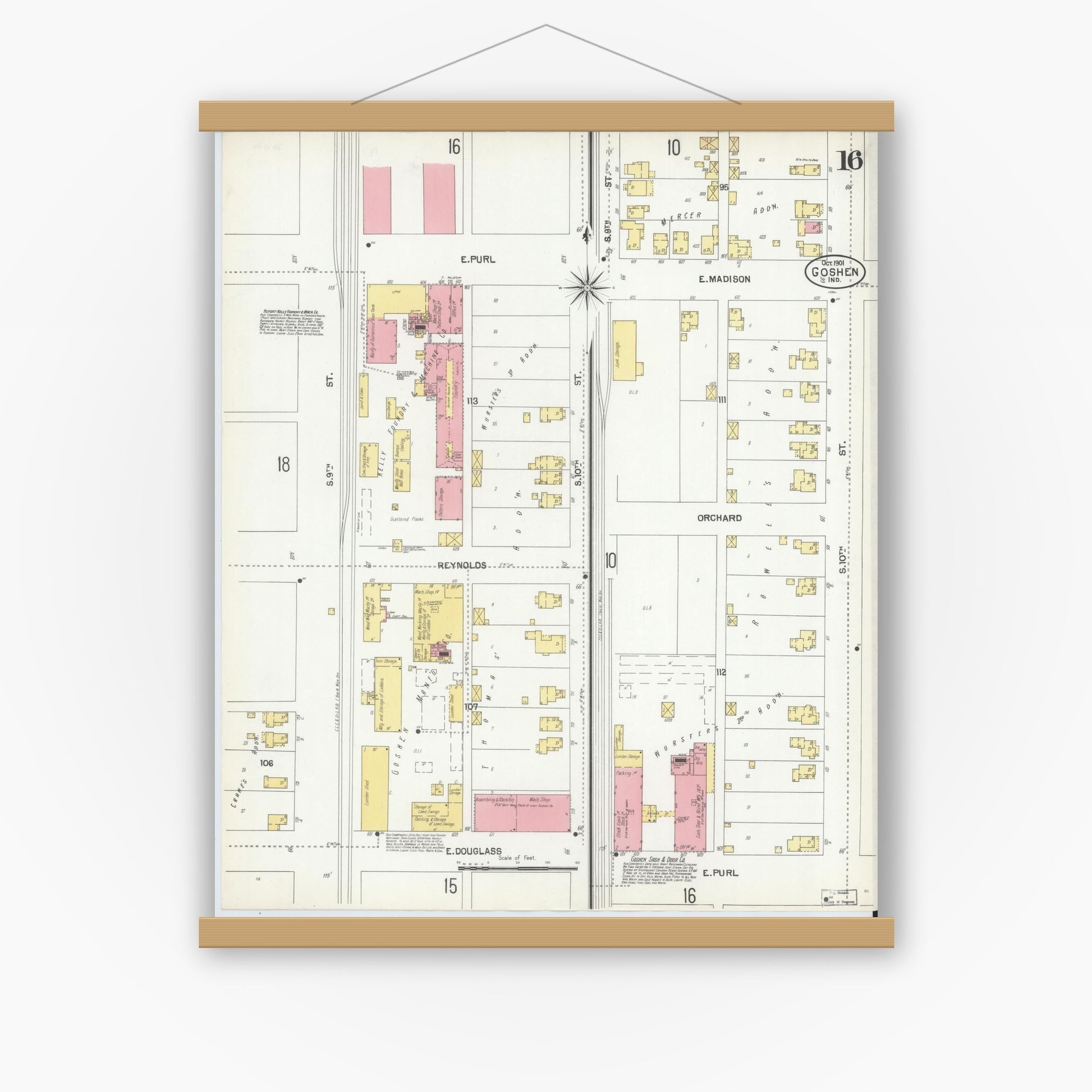 Old map wall art mockup — magnetic wood frame on white wall — Sanborn Fire Insurance Map from Goshen, Elkhart County, Indiana (1901), Sheet #0016
