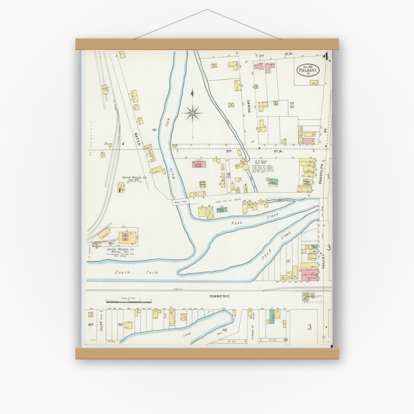 Old map wall art mockup — magnetic wood frame on white wall — Sanborn Fire Insurance Map from Pulaski, Pulaski County, Virginia (1898), Sheet #0004