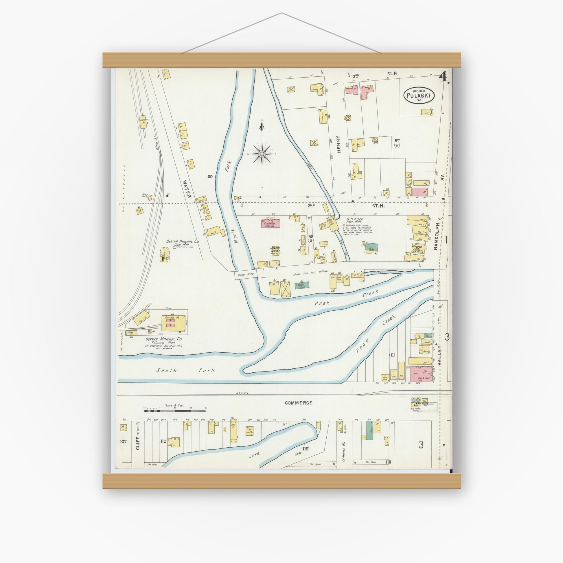 Old map wall art mockup — magnetic wood frame on white wall — Sanborn Fire Insurance Map from Pulaski, Pulaski County, Virginia (1898), Sheet #0004