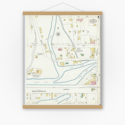 Old map wall art mockup — magnetic wood frame on white wall — Sanborn Fire Insurance Map from Pulaski, Pulaski County, Virginia (1898), Sheet #0004