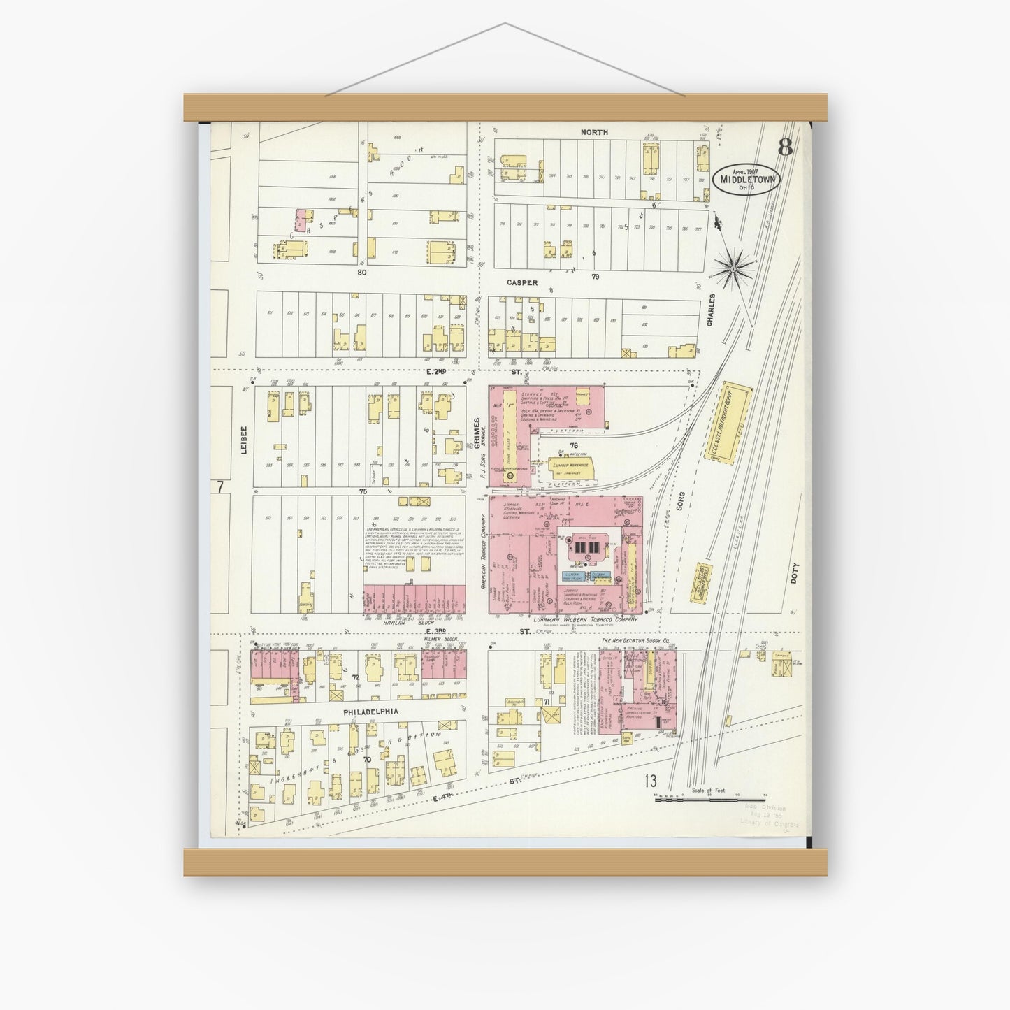 Old map wall art mockup — magnetic wood frame on white wall — Sanborn Fire Insurance Map from Middletown, Butler County, Ohio (1907), Sheet #0008