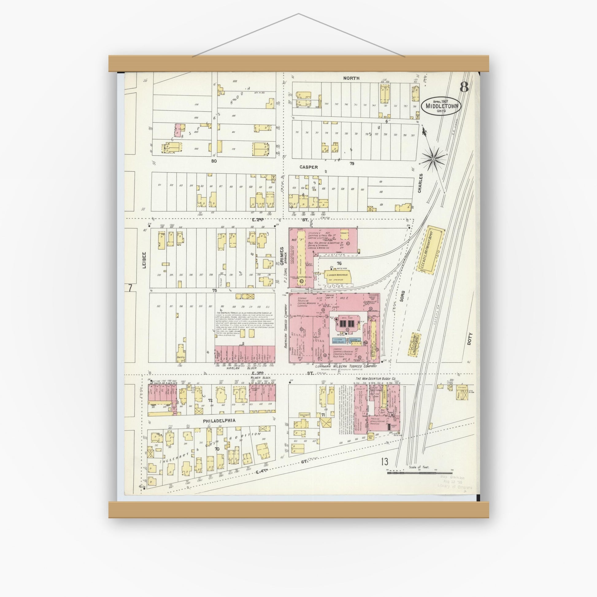 Old map wall art mockup — magnetic wood frame on white wall — Sanborn Fire Insurance Map from Middletown, Butler County, Ohio (1907), Sheet #0008