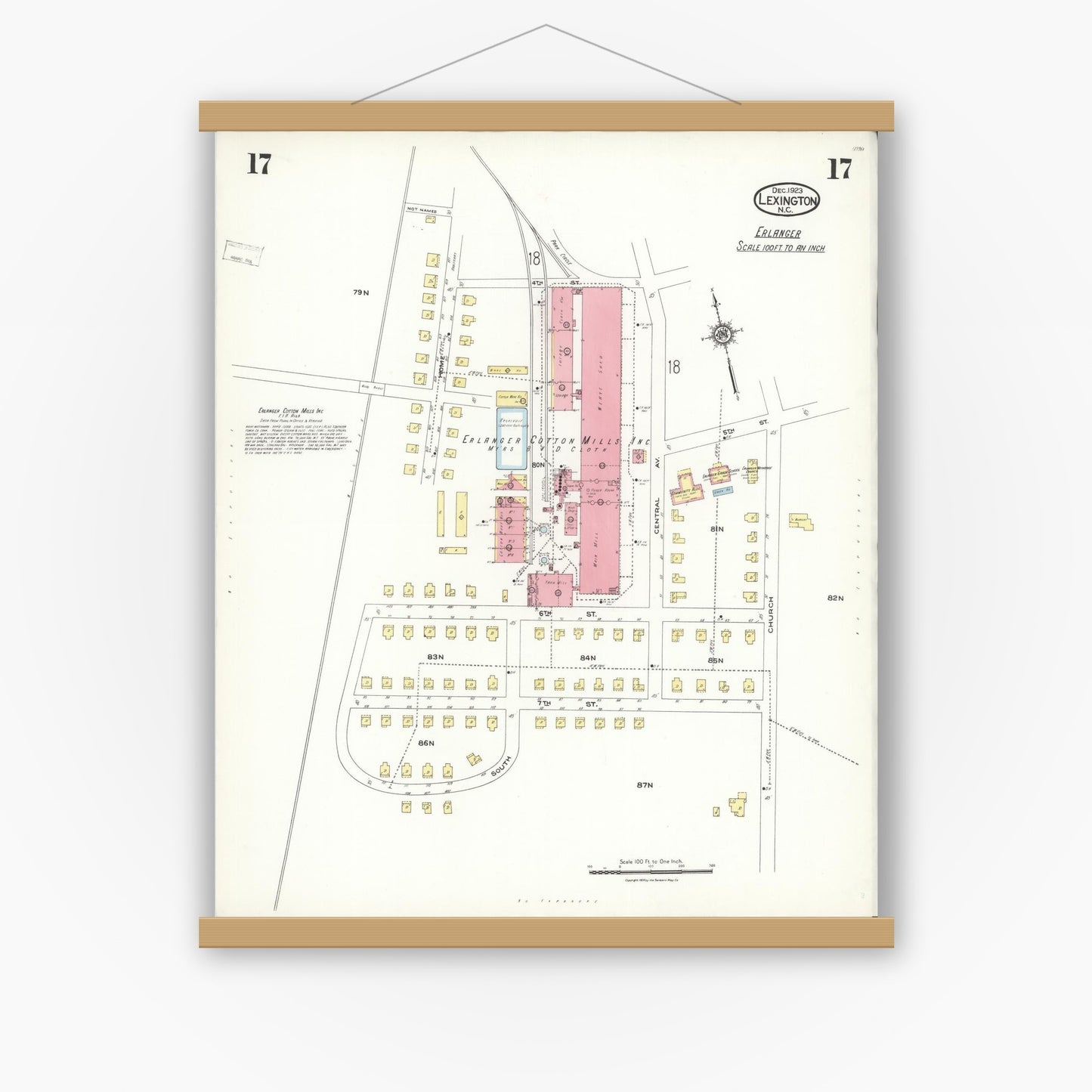 Old map wall art mockup — magnetic wood frame on white wall — Sanborn Fire Insurance Map from Lexington, Davidson County, North Carolina (1923), Sheet #0017