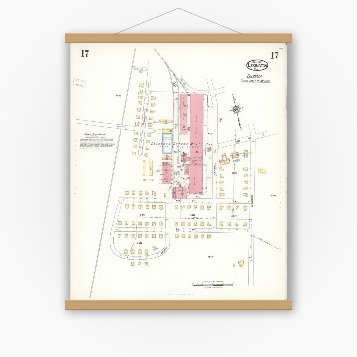 Old map wall art mockup — magnetic wood frame on white wall — Sanborn Fire Insurance Map from Lexington, Davidson County, North Carolina (1923), Sheet #0017
