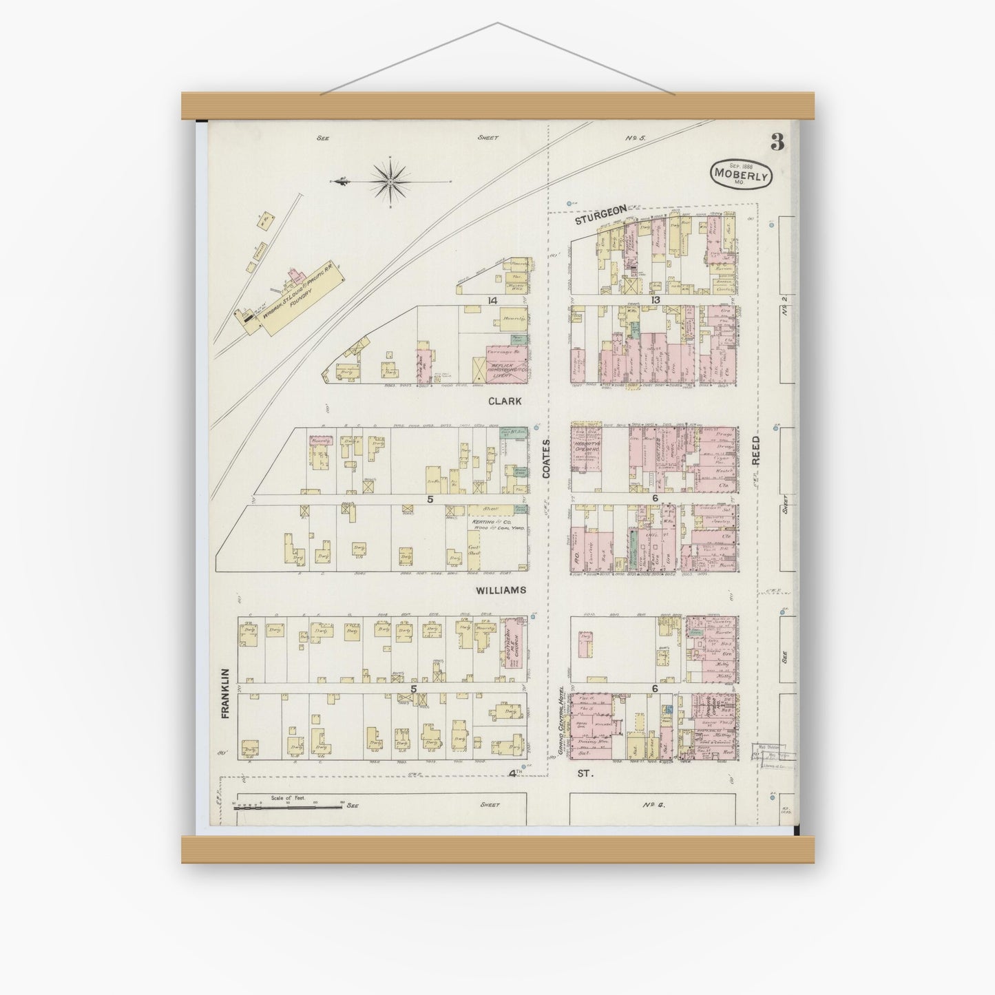 Old map wall art mockup — magnetic wood frame on white wall — Sanborn Fire Insurance Map from Moberly, Randolph County, Missouri (1888), Sheet #0003