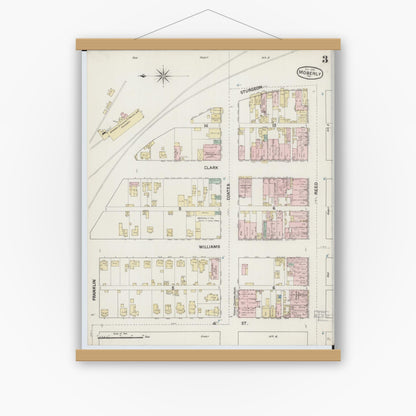 Old map wall art mockup — magnetic wood frame on white wall — Sanborn Fire Insurance Map from Moberly, Randolph County, Missouri (1888), Sheet #0003