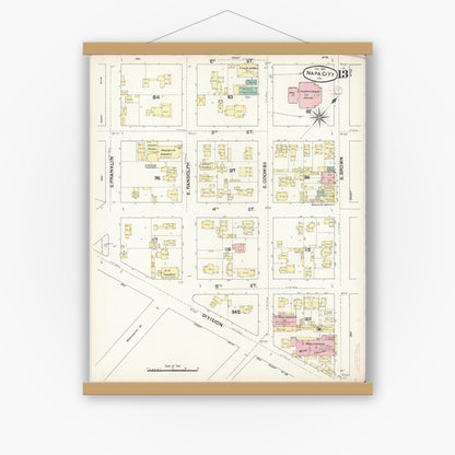Old map wall art mockup — magnetic wood frame on white wall — Sanborn Fire Insurance Map from Napa, Napa County, California (1891), Sheet #0013