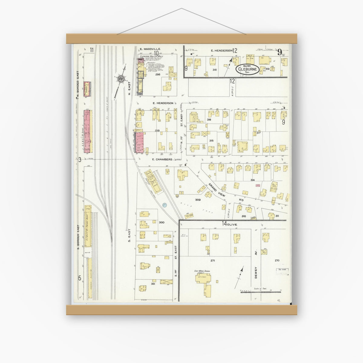 Old map wall art mockup — magnetic wood frame on white wall — Sanborn Fire Insurance Map from Cleburne, Johnson County, Texas (1910), Sheet #0009