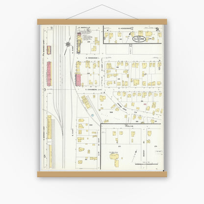 Old map wall art mockup — magnetic wood frame on white wall — Sanborn Fire Insurance Map from Cleburne, Johnson County, Texas (1910), Sheet #0009