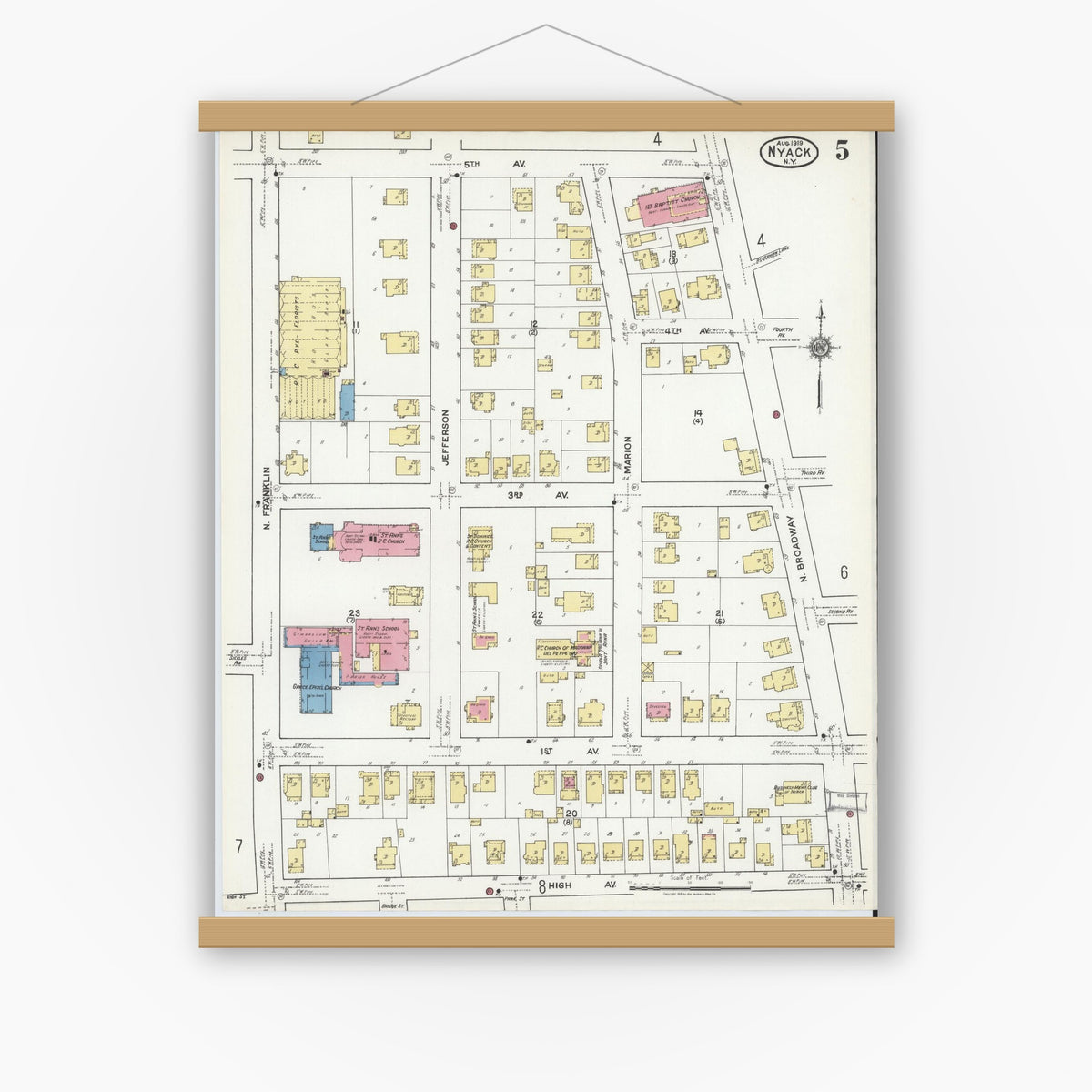Old map wall art mockup — magnetic wood frame on white wall — Sanborn Fire Insurance Map from Nyack, Rockland County, New York (1919), Sheet #0005
