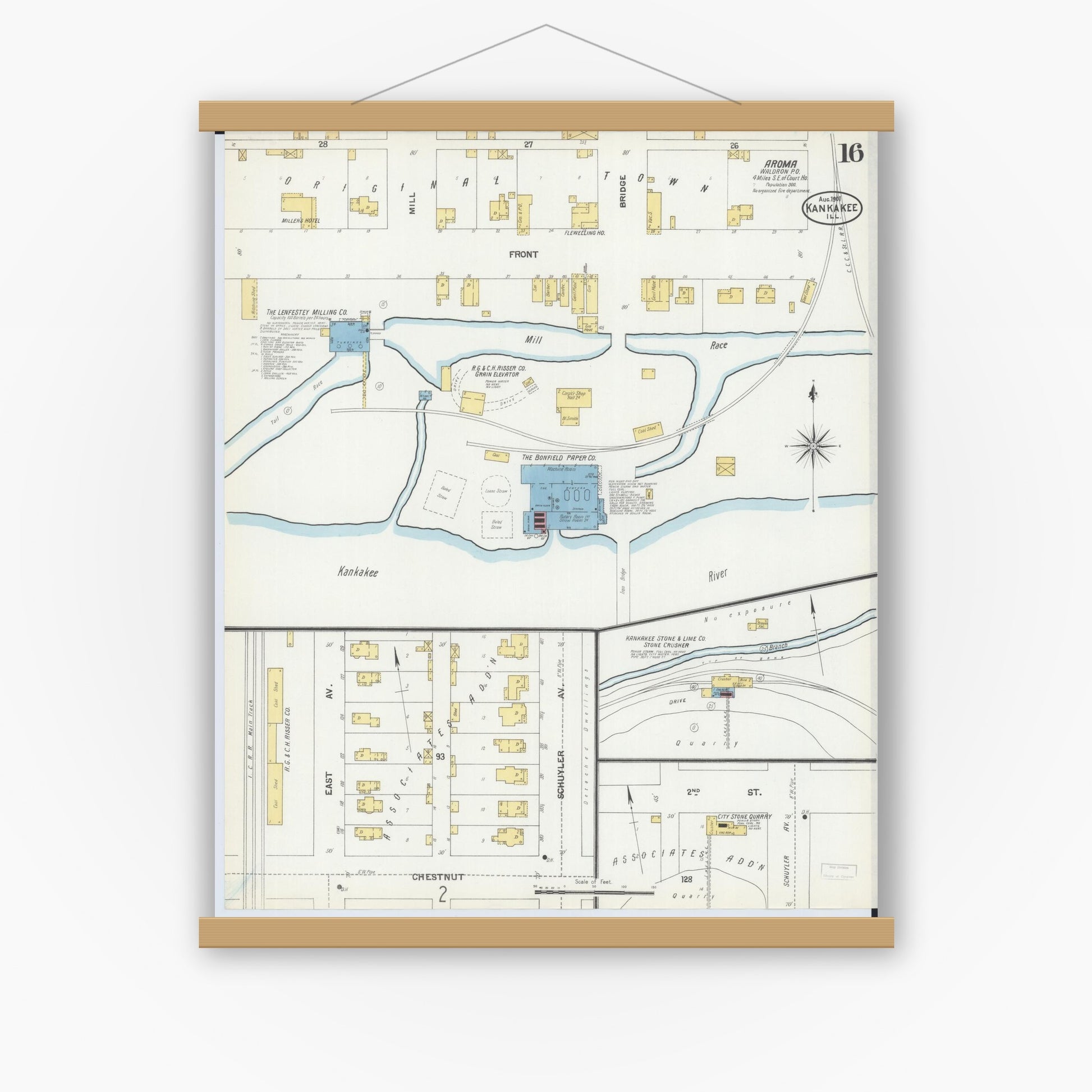 Old map wall art mockup — magnetic wood frame on white wall — Sanborn Fire Insurance Map from Kankakee, Kankakee County, Illinois (1901), Sheet #0016