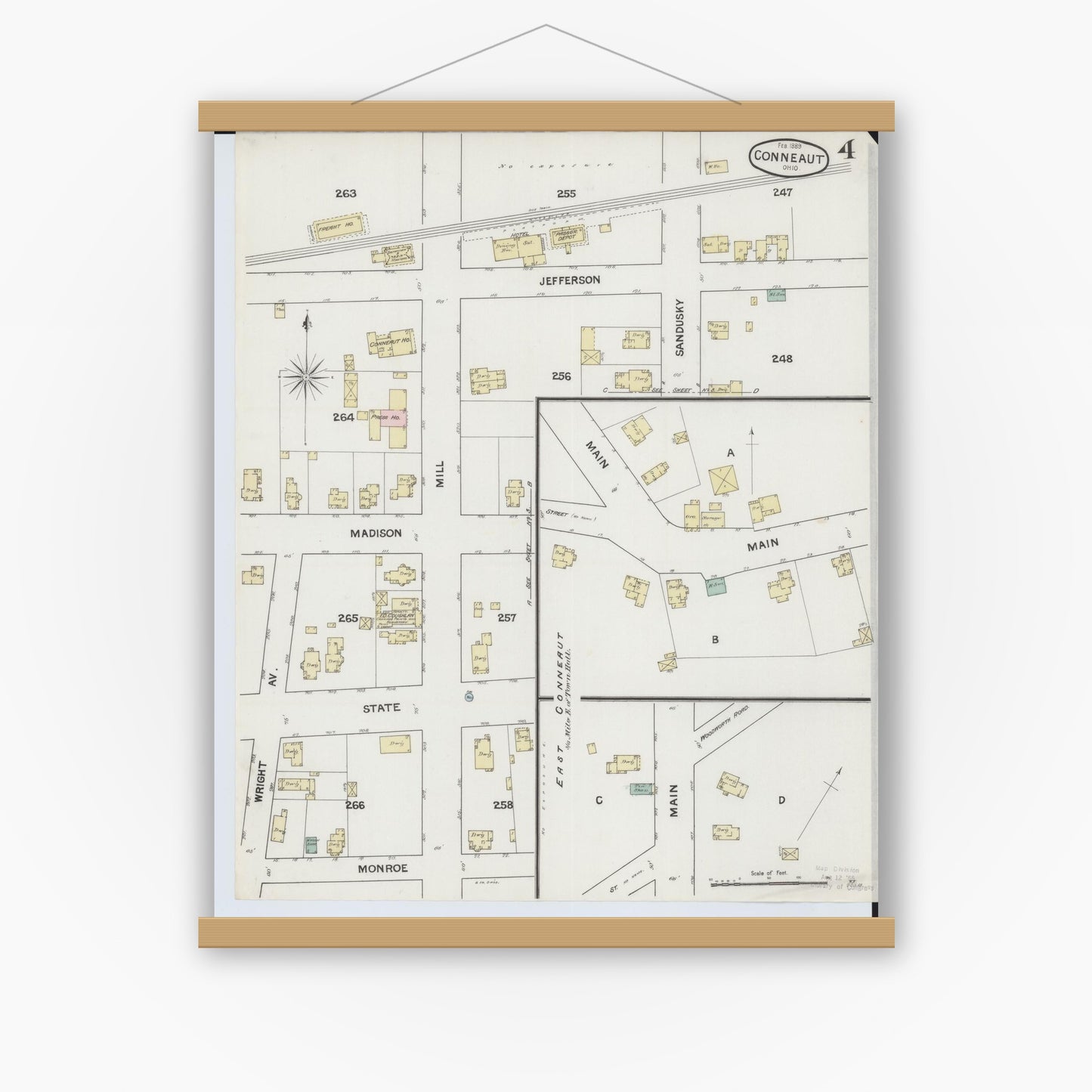 Old map wall art mockup — magnetic wood frame on white wall — Sanborn Fire Insurance Map from Conneaut, Ashtabula County, Ohio (1889), Sheet #0004