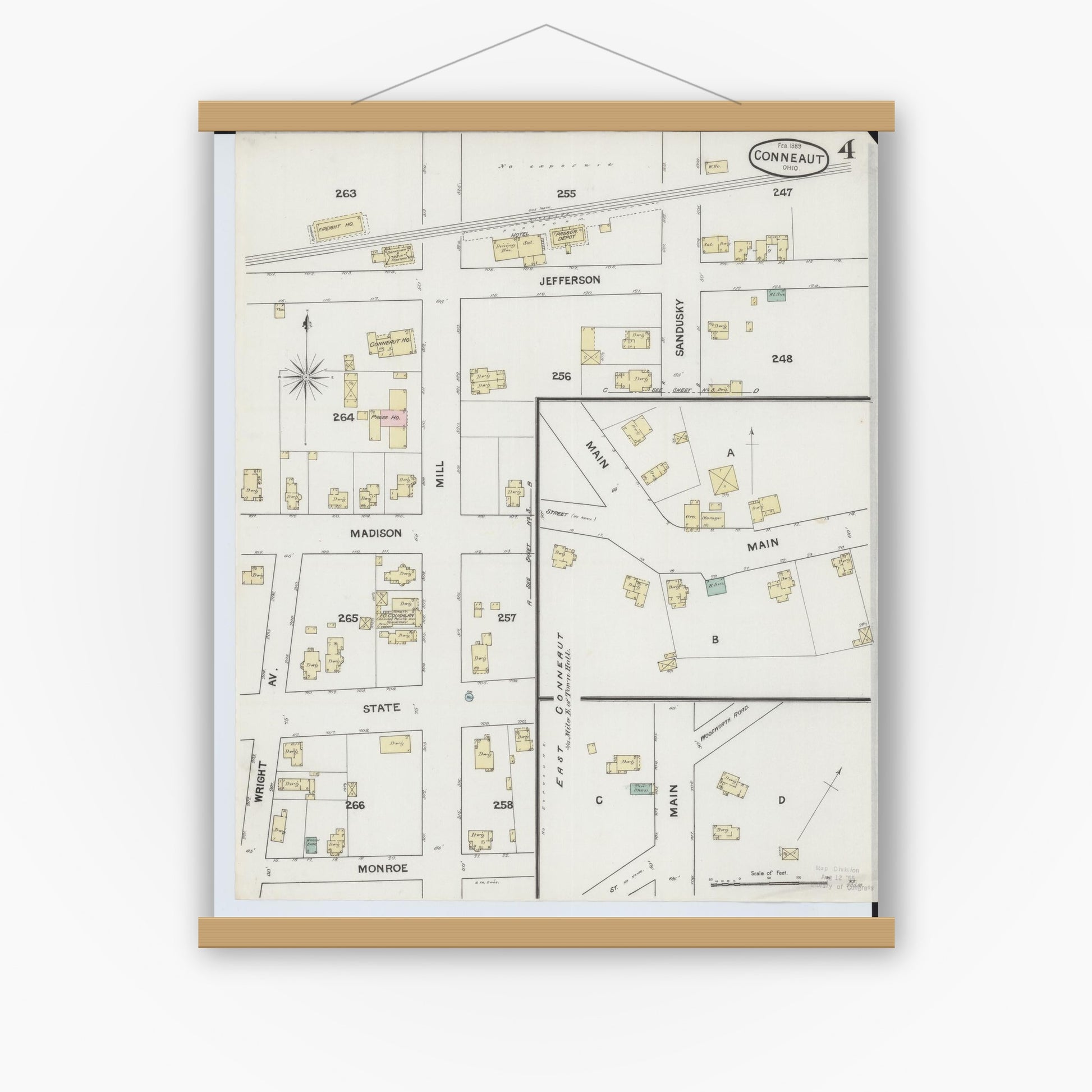 Old map wall art mockup — magnetic wood frame on white wall — Sanborn Fire Insurance Map from Conneaut, Ashtabula County, Ohio (1889), Sheet #0004