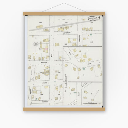 Old map wall art mockup — magnetic wood frame on white wall — Sanborn Fire Insurance Map from Conneaut, Ashtabula County, Ohio (1889), Sheet #0004
